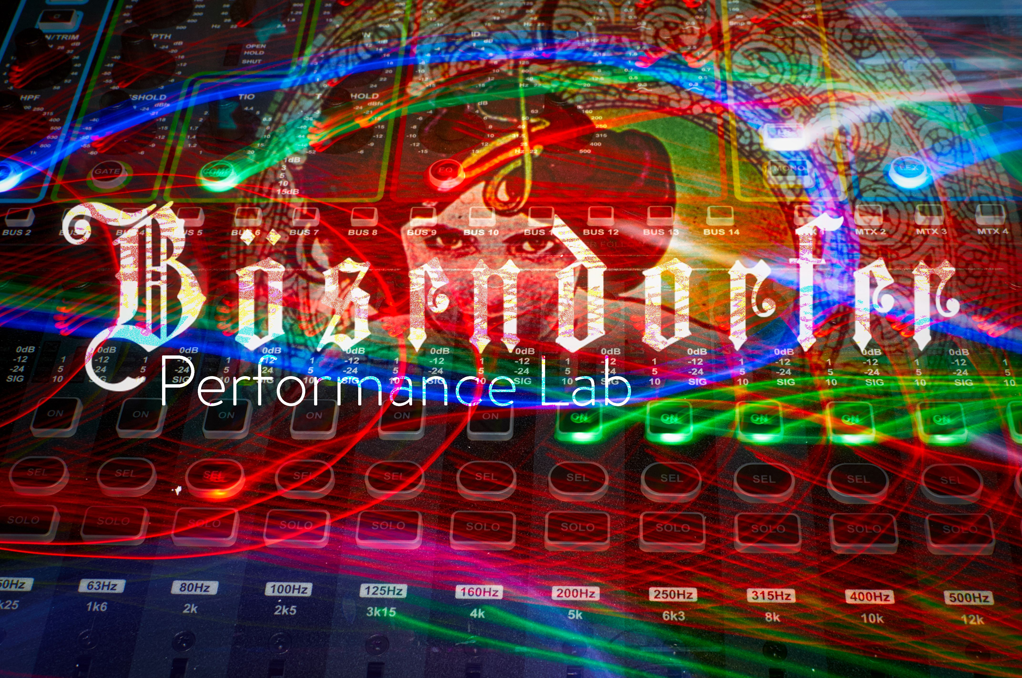 Bösendorfer Performance Lab event artwork: coloured light trails layered over an audio mixing console.